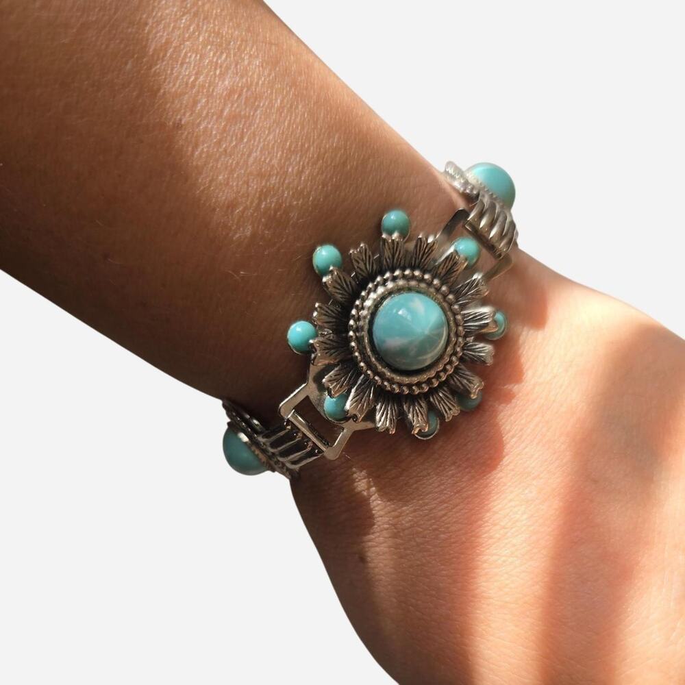 Vintage Boho Faux Turquoise Sunburst Link Bracelet | Southwestern Style